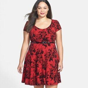 City Chic Flock Print Fit & Flare Dress, Red & Black, Size XS (14)